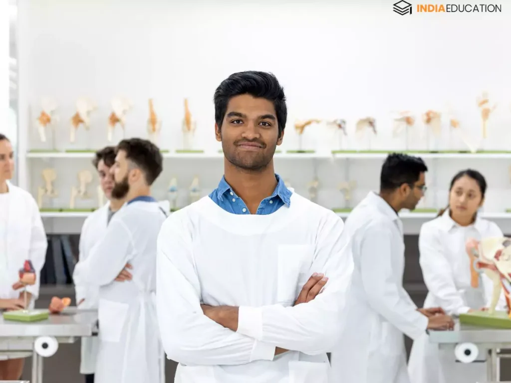 Medical students working in college lab