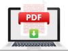 A red pdf file downloading in laptop with a green and white download arrow